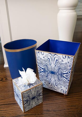 Jaye's Studio Decorative Waste Basket for Bathroom Trash Can Wastebasket, Oval Metal Trash Bin for Bedroom, Office, Blue Garbage Can for Dorm, Blue Trash Can Gold Office Decor, 12" x 10" x 8" in Saudi Arabia