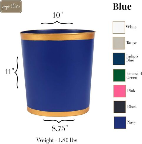 Jaye's Studio Decorative Waste Basket for Bathroom Trash Can Wastebasket, Oval Metal Trash Bin for Bedroom, Office, Blue Garbage Can for Dorm, Blue Trash Can Gold Office Decor, 12" x 10" x 8" in Saudi Arabia