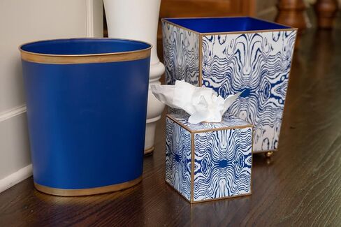 Jaye's Studio Decorative Waste Basket for Bathroom Trash Can Wastebasket, Oval Metal Trash Bin for Bedroom, Office, Blue Garbage Can for Dorm, Blue Trash Can Gold Office Decor, 12" x 10" x 8" in Saudi Arabia
