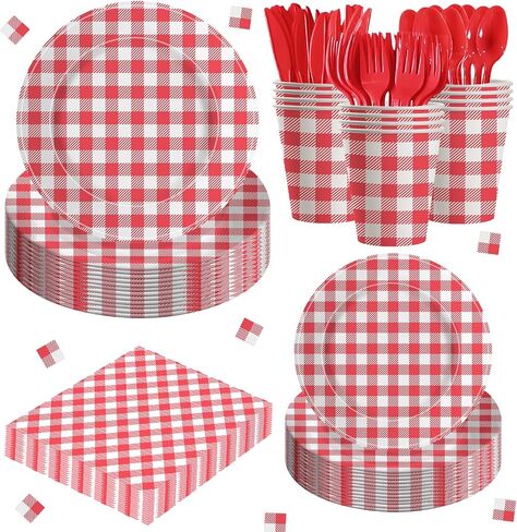 140Pcs Gingham Party Supplies for 20 Guests Thick Paper Plates and Napkins Knives Spoons Forks Cups Disposable Party Set Cutlery for Dinner Baby Shower Wedding Favor (Green) in Saudi Arabia