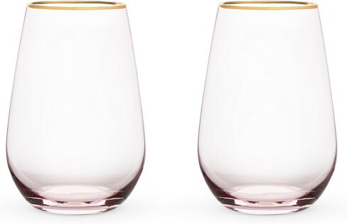 Twine Rose Wine Glasses, Gold Rimmed Pink Tinted Crystal Wine Glass Set, Stemless Wine Glasses, Set of 2, 18 Ounces in Kuwait