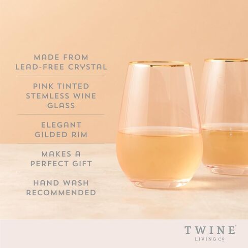 Twine Rose Wine Glasses, Gold Rimmed Pink Tinted Crystal Wine Glass Set, Stemless Wine Glasses, Set of 2, 18 Ounces in Kuwait