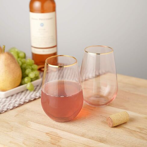 Twine Rose Wine Glasses, Gold Rimmed Pink Tinted Crystal Wine Glass Set, Stemless Wine Glasses, Set of 2, 18 Ounces in Kuwait
