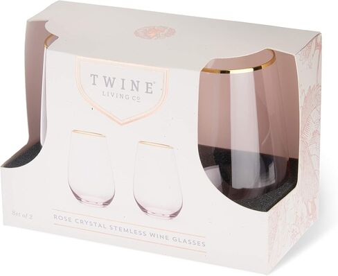Twine Rose Wine Glasses, Gold Rimmed Pink Tinted Crystal Wine Glass Set, Stemless Wine Glasses, Set of 2, 18 Ounces in Kuwait