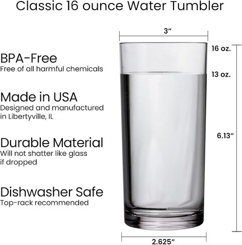 US Acrylic Classic Clear Plastic Reusable Drinking Glasses (Set of 6) 16oz Water Cups | BPA-Free Tumblers, Made in USA | Top-Rack Dishwasher Safe in Kuwait
