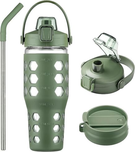 Mukoko 32 Oz Pumbler مع قش ، زجاجات ماء زجاجي مع علامة زمنية ، كوب من القهوة المثلجة مع غطاء صفيح مقابض وغطاء قش ، غلاف السيليكون ، مقاومة للتسرب ، 1 حزمة باللون الأزرق in Kuwait