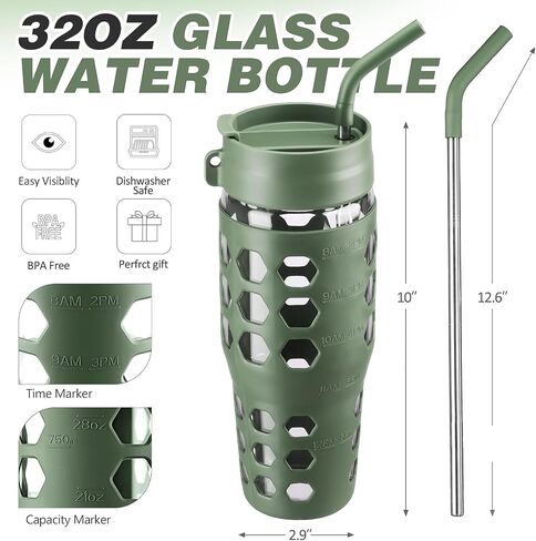 Mukoko 32 Oz Pumbler مع قش ، زجاجات ماء زجاجي مع علامة زمنية ، كوب من القهوة المثلجة مع غطاء صفيح مقابض وغطاء قش ، غلاف السيليكون ، مقاومة للتسرب ، 1 حزمة باللون الأزرق in Kuwait