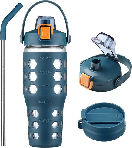 Mukoko 32 Oz Pumbler مع قش ، زجاجات ماء زجاجي مع علامة زمنية ، كوب من القهوة المثلجة مع غطاء صفيح مقابض وغطاء قش ، غلاف السيليكون ، مقاومة للتسرب ، 1 حزمة باللون الأزرق in Kuwait