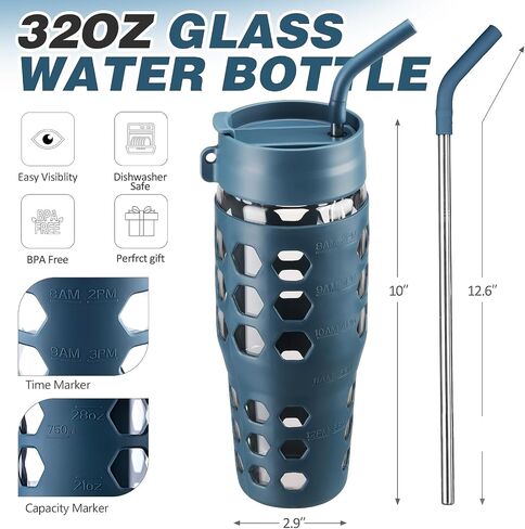Mukoko 32 Oz Pumbler مع قش ، زجاجات ماء زجاجي مع علامة زمنية ، كوب من القهوة المثلجة مع غطاء صفيح مقابض وغطاء قش ، غلاف السيليكون ، مقاومة للتسرب ، 1 حزمة باللون الأزرق in Kuwait