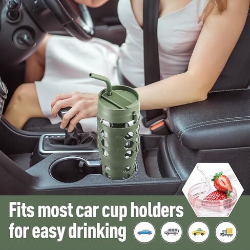 Mukoko 32 Oz Pumbler مع قش ، زجاجات ماء زجاجي مع علامة زمنية ، كوب من القهوة المثلجة مع غطاء صفيح مقابض وغطاء قش ، غلاف السيليكون ، مقاومة للتسرب ، 1 حزمة باللون الأزرق in Kuwait