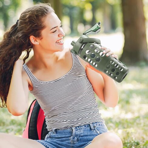 Mukoko 32 Oz Pumbler مع قش ، زجاجات ماء زجاجي مع علامة زمنية ، كوب من القهوة المثلجة مع غطاء صفيح مقابض وغطاء قش ، غلاف السيليكون ، مقاومة للتسرب ، 1 حزمة باللون الأزرق in Kuwait