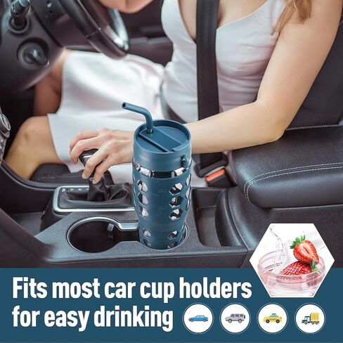 Mukoko 32 Oz Pumbler مع قش ، زجاجات ماء زجاجي مع علامة زمنية ، كوب من القهوة المثلجة مع غطاء صفيح مقابض وغطاء قش ، غلاف السيليكون ، مقاومة للتسرب ، 1 حزمة باللون الأزرق in Kuwait