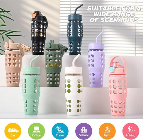 Mukoko 32 Oz Pumbler مع قش ، زجاجات ماء زجاجي مع علامة زمنية ، كوب من القهوة المثلجة مع غطاء صفيح مقابض وغطاء قش ، غلاف السيليكون ، مقاومة للتسرب ، 1 حزمة باللون الأزرق in Kuwait