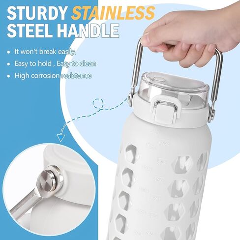 MUKOKO 32 oz Glass Tumbler with Straw,Glass Water Bottles with Time Marker,Iced Coffee Cup with 2 Lids-Handle Spout Lid&Straw Lid,Silicone Sleeve,Leakproof,1 Pack-Blue in Kuwait