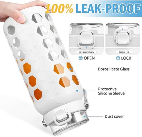 MUKOKO 32 oz Glass Tumbler with Straw,Glass Water Bottles with Time Marker,Iced Coffee Cup with 2 Lids-Handle Spout Lid&Straw Lid,Silicone Sleeve,Leakproof,1 Pack-Blue in Kuwait