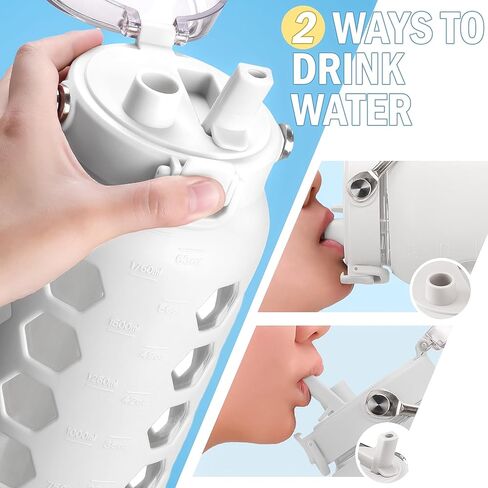 MUKOKO 32 oz Glass Tumbler with Straw,Glass Water Bottles with Time Marker,Iced Coffee Cup with 2 Lids-Handle Spout Lid&Straw Lid,Silicone Sleeve,Leakproof,1 Pack-Blue in Kuwait