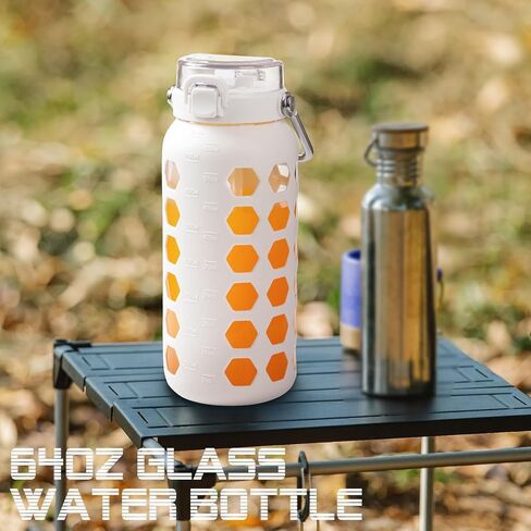 MUKOKO 32 oz Glass Tumbler with Straw,Glass Water Bottles with Time Marker,Iced Coffee Cup with 2 Lids-Handle Spout Lid&Straw Lid,Silicone Sleeve,Leakproof,1 Pack-Blue in Kuwait