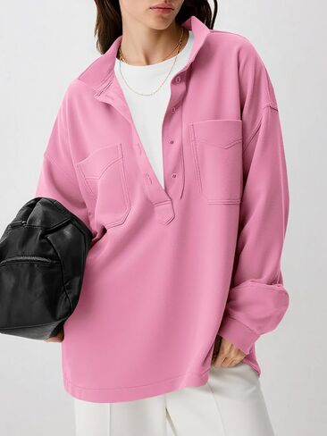 Fisoew Womens swershirt كبير الحجم غير الرسمي طويل الأكمام الطويلة Henley v dulver tops تسقط ملابس الملابس in Saudi Arabia