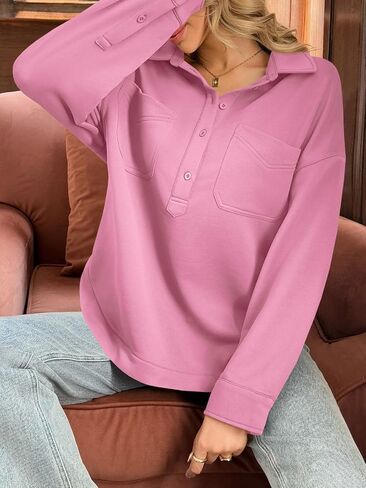 Fisoew Womens swershirt كبير الحجم غير الرسمي طويل الأكمام الطويلة Henley v dulver tops تسقط ملابس الملابس in Saudi Arabia