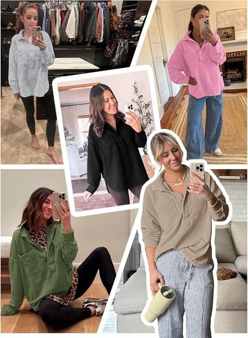 Fisoew Womens swershirt كبير الحجم غير الرسمي طويل الأكمام الطويلة Henley v dulver tops تسقط ملابس الملابس in Saudi Arabia