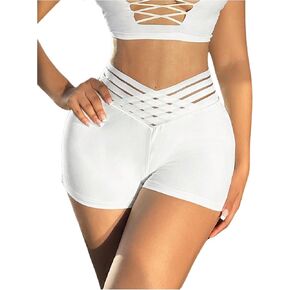 OYOANGLE Women's Mesh Criss Cross High Waisted Workout Biker Shorts Stretchy Gym Athletic Short Leggings in Kuwait