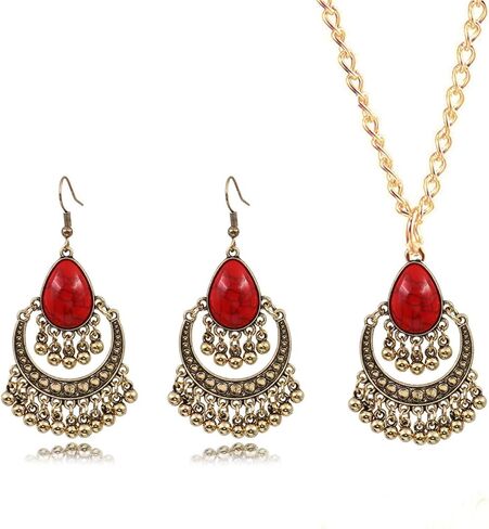 Handmade Teardrop Turquoise Earrings Necklace Set for Women Bohemia Tribal Antique Ethnic Style Earrings Delicate Teardrop Gemstone Dangle Drop Statement Earrings Western Jewelry in Saudi Arabia
