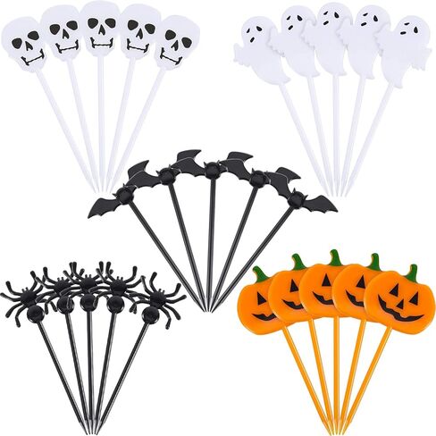 Tatuo 100 Pieces Plastic Halloween Picks Halloween Cupcake Topper Picks Ghost Pumpkin Bat Picks for Kids Birthday Party Themed Party Favors Supplies in Saudi Arabia