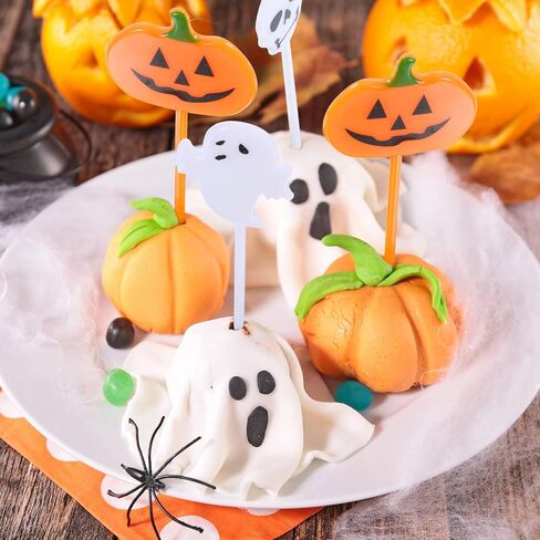 Tatuo 100 Pieces Plastic Halloween Picks Halloween Cupcake Topper Picks Ghost Pumpkin Bat Picks for Kids Birthday Party Themed Party Favors Supplies in Saudi Arabia