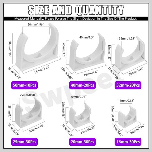 Swpeet 140Pcs 6 Sizes PVC U-Shaped Water Pipe Clamps Clips Assortment Kit, U-Shaped Buckles, Plastic Pipe Clips, Pipe Hangers Clamps, Holder Pipe Support, Tubing Clamps for TV Trays Hose Support in Saudi Arabia