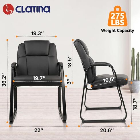 كرسي Clatina Classic Leather Soft Snoftion مع مساند للأذرع مبطنة وقاعدة زلاجة ، كرسي ضيف تنفيذي لمؤتمر مكتب انتظار مكتب الكمبيوتر ، Black (حزمة) in Kuwait