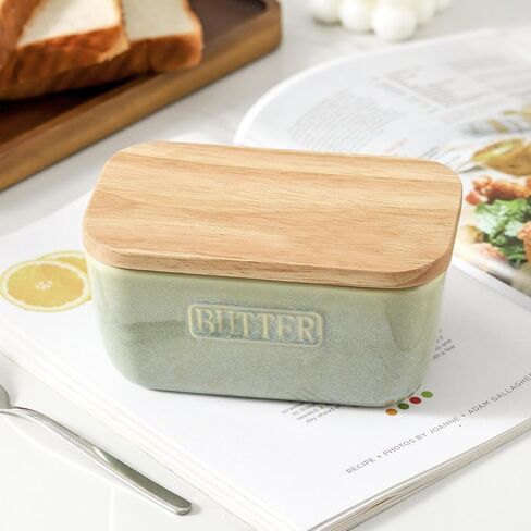 HVH Ceramic Butter Dish with Lid for Countertop, Airtight Butter Keeper with Turquoise Wooden Lid (6 x 3.5 x 2.7) in Kuwait