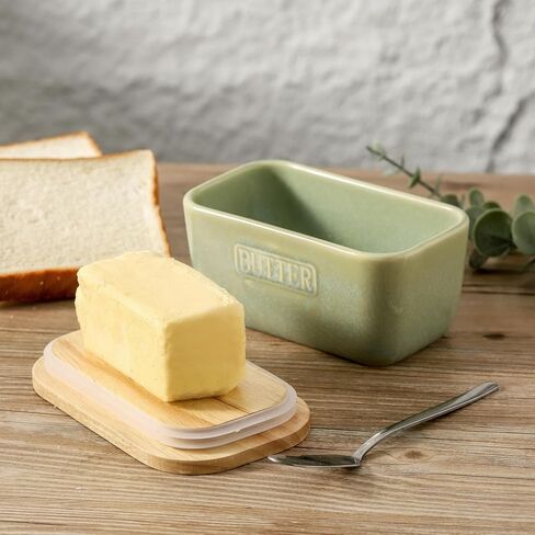 HVH Ceramic Butter Dish with Lid for Countertop, Airtight Butter Keeper with Turquoise Wooden Lid (6 x 3.5 x 2.7) in Kuwait