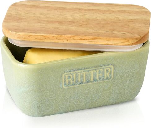 HVH Ceramic Butter Dish with Lid for Countertop, Airtight Butter Keeper with Turquoise Wooden Lid (6 x 3.5 x 2.7) in Kuwait