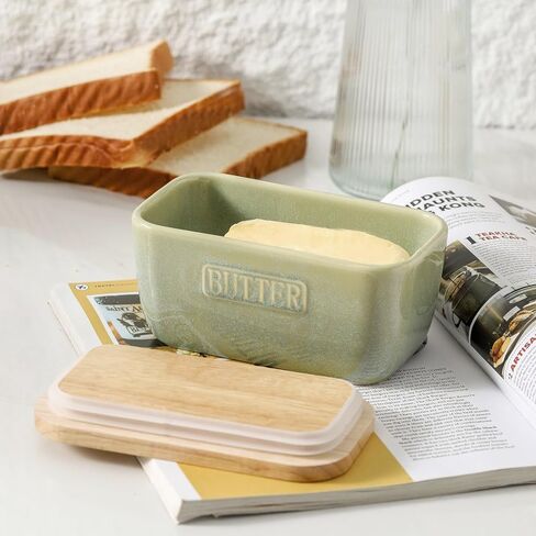 HVH Ceramic Butter Dish with Lid for Countertop, Airtight Butter Keeper with Turquoise Wooden Lid (6 x 3.5 x 2.7) in Kuwait