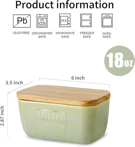 HVH Ceramic Butter Dish with Lid for Countertop, Airtight Butter Keeper with Turquoise Wooden Lid (6 x 3.5 x 2.7) in Kuwait