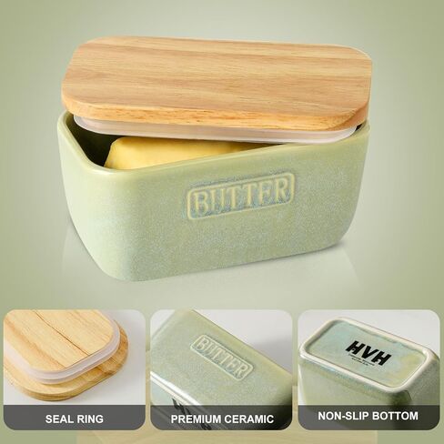 HVH Ceramic Butter Dish with Lid for Countertop, Airtight Butter Keeper with Turquoise Wooden Lid (6 x 3.5 x 2.7) in Kuwait