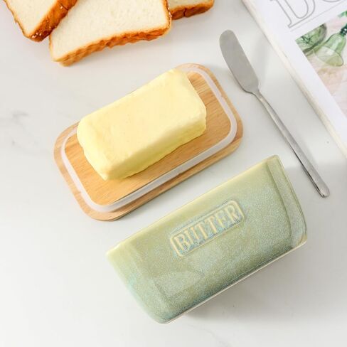 HVH Ceramic Butter Dish with Lid for Countertop, Airtight Butter Keeper with Turquoise Wooden Lid (6 x 3.5 x 2.7) in Kuwait