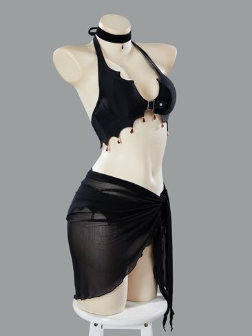 Meowcos Goth bikini بدلة السباحة ملابس السباحة القوطية النمط الأسود الرسن البيكيني مجموعة مع تغطية ساب in Saudi Arabia