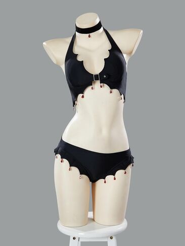 Meowcos Goth bikini بدلة السباحة ملابس السباحة القوطية النمط الأسود الرسن البيكيني مجموعة مع تغطية ساب in Saudi Arabia