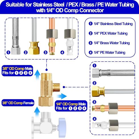 Add-A-tee (2 pcs) ، صمام إيقاف الزاوية الخالي من الرصاص 3/8 "شركات شركات × 3/8" ، موصل شركات النحاس النحاس مع حشية ختم مدمجة لحنفية ، شديد زجاجي ، غسالة صحون ، خزان المرحاض in Kuwait