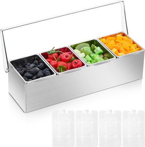 Boao Stainless Steel Condiment Dispenser with Lid and Bottom, Stainless Steel Condiment Tray, Ice Cooled Garnish Tray with 4 Ice Boxes for Food Party Outdoor BBQs (6 Slot) in Saudi Arabia