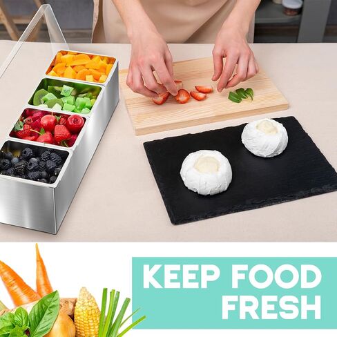 Boao Stainless Steel Condiment Dispenser with Lid and Bottom, Stainless Steel Condiment Tray, Ice Cooled Garnish Tray with 4 Ice Boxes for Food Party Outdoor BBQs (6 Slot) in Saudi Arabia