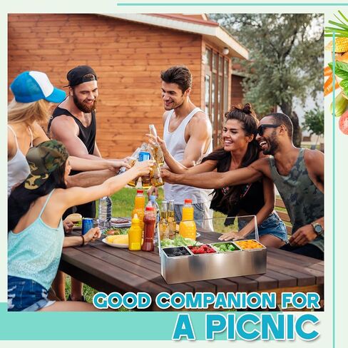Boao Stainless Steel Condiment Dispenser with Lid and Bottom, Stainless Steel Condiment Tray, Ice Cooled Garnish Tray with 4 Ice Boxes for Food Party Outdoor BBQs (6 Slot) in Saudi Arabia