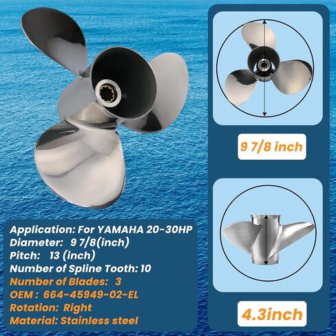 9 7/8×10 1/2p, 9 7/8×12p, 9 7/8×13p, 9 7/8×14p Boat Propeller for Yamaha Engines Upgrade Stainless Steel Outboard Motors 20HP 25HP 30HP ，RH 10 Tooth OEM 664-45954-00-EL in Kuwait