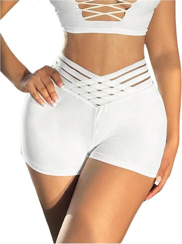 OYOANGLE Women's Mesh Criss Cross High Waisted Workout Biker Shorts Stretchy Gym Athletic Short Leggings in Saudi Arabia