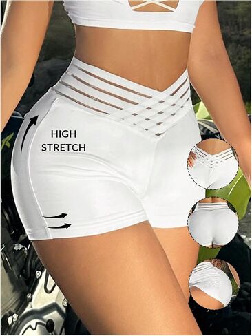 OYOANGLE Women's Mesh Criss Cross High Waisted Workout Biker Shorts Stretchy Gym Athletic Short Leggings in Saudi Arabia