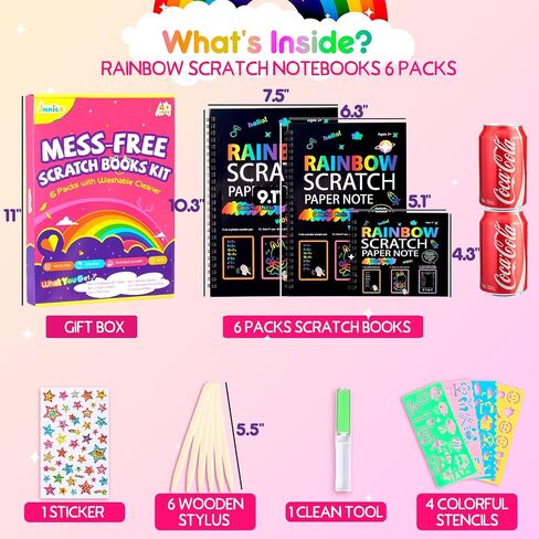 Scratch Art Books for Kids, 6 Packs Rainbow Scratch Notebook, Crafts Kit with Reusable Cleaner Tool, Mess-Free Art Crafts for Kids Ages 4-8, Travel, Gifts for 4 5 6 7 8 9 Year Old Girl Boy in Saudi Arabia