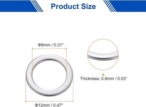 Uxcell 100 PCS M8 غسالة مسطحة ، 8 × 12 × 0.8 ملم سميكة 304 فواصل مسطحة من الفولاذ المقاوم للصدأ للمسمار ، الترباس ، السيارات ، الآلات الصناعية in Kuwait