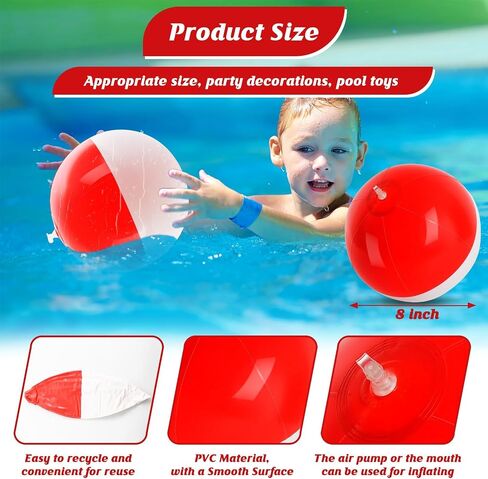 12PCS Beach Ball Set-8 Inch Vibrant Red & White-Themed Inflatable Balls for Kids' Cartoon Birthday Parties, Summer Pool Games, Animated Decorations, Bulk Party Favors,Beach-Themed Events in Saudi Arabia