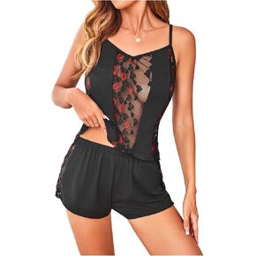 Shenhe Women's 2 Dots Pirnt Mesh Insert Pajama set Cami Top مرنة على السراويل للنوم in Kuwait